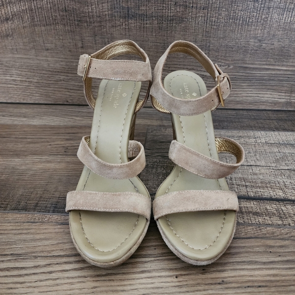 Kate spade New York Open Toe Strap Gray High Wedge Heel Buckle Ankle Size 7.5 - Picture 4 of 12